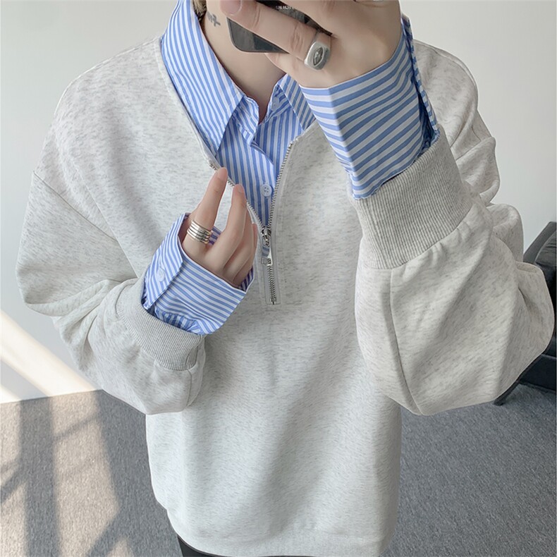 新款假两件条纹拉链衬衫领休闲春款卫衣 高街休闲学院卫衣 特P50图片