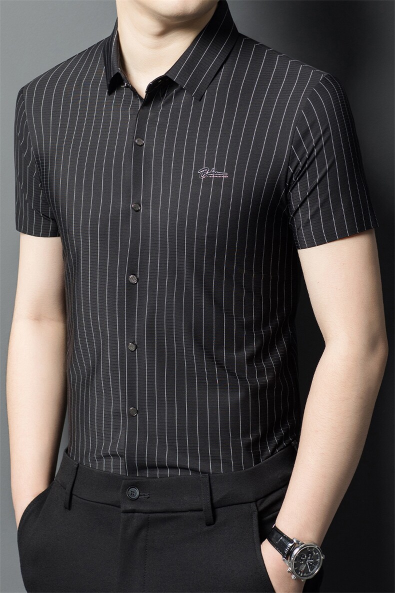 新款男士条纹短袖衬衫男条纹免烫时尚品质商务宽松潮服上衣,男装衬衫,钱塘6003（原4033）