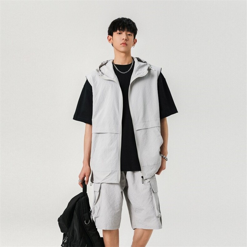 日系户外工装连帽马甲宽松休闲套装马甲五分裤A406TZ5061特P68,男装牛仔裤,星座309（原A406）