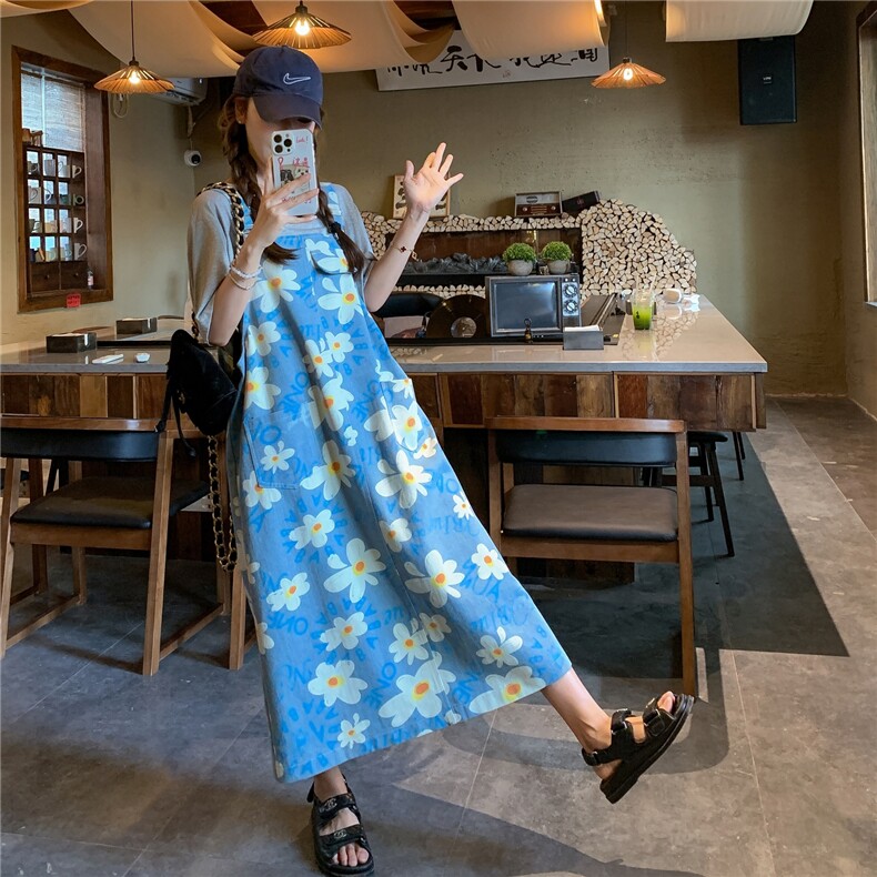 韩系复古碎花背带连衣裙女夏新款设计感小众轻薄宽松别致显瘦长裙,女装连衣裙,2C201