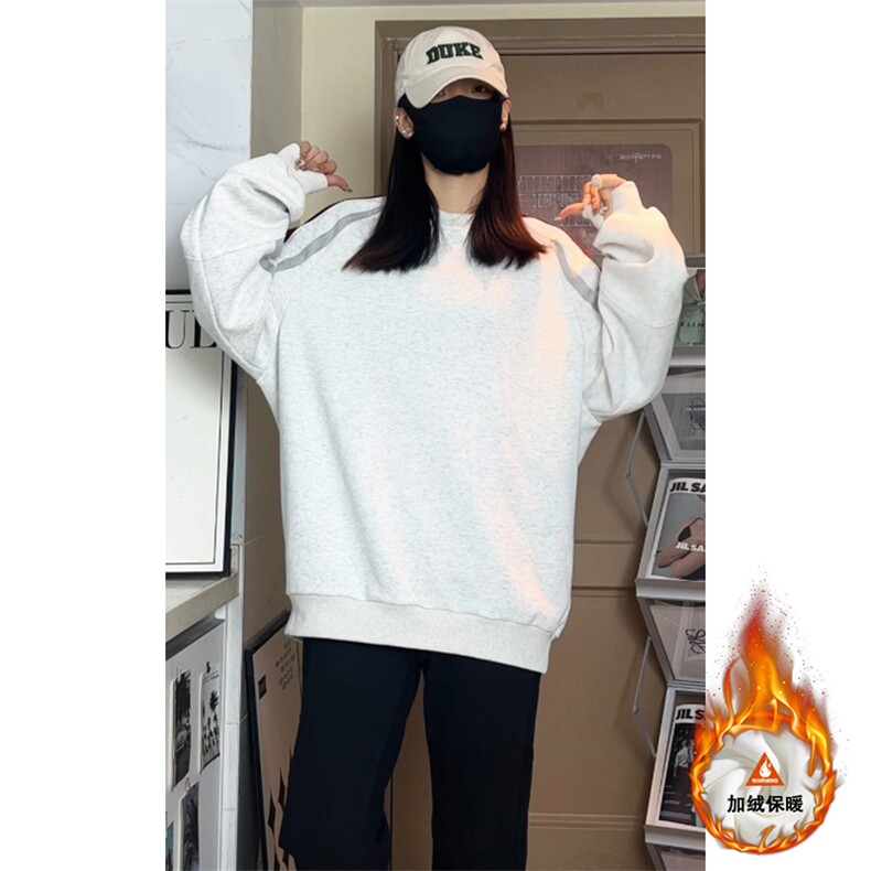 美式拼接撞色圆领卫衣大码宽松加绒加厚上衣W4650JR（加绒）特P46,男装卫衣,电商A007