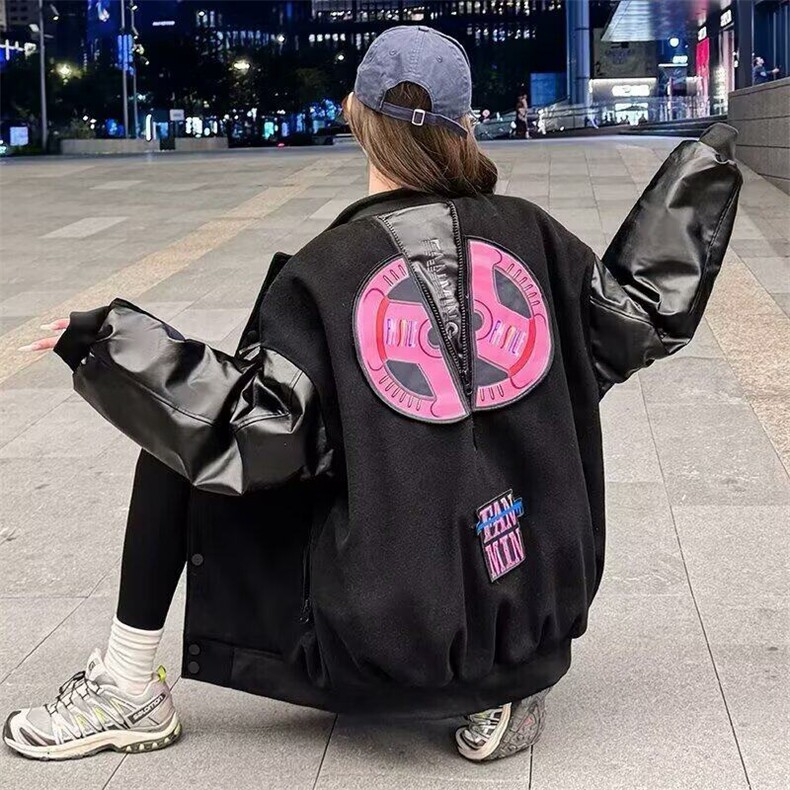 美式重磅毛呢拼接棒球服男春秋刺绣宽松休闲个性情侣夹克棉服外套图片