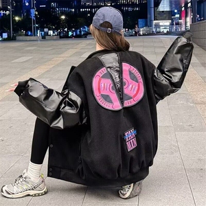 美式重磅毛呢拼接棒球服男春秋刺绣宽松休闲个性情侣夹克棉服外套图片