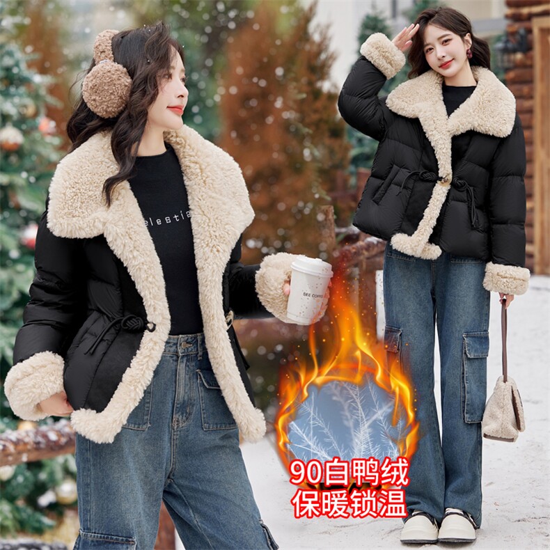 【bao款现货】2024新款冬装百搭70毛仿羊羔毛pu拼接羽绒服90白鸭绒,女装羽绒服,雅静靓衣