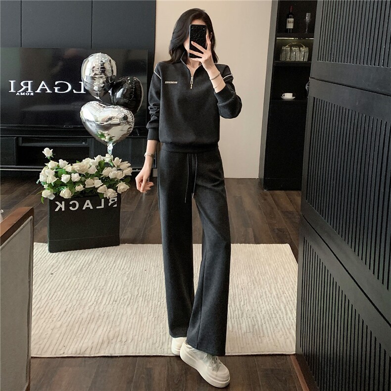 网红炸街休闲运动套装早秋季新款女气质显瘦立领卫衣直筒裤两件套，女装套装/套裙，江南