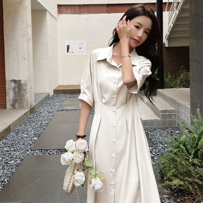 法式长款粉色衬衫收腰连衣裙女2024春秋季新款温柔风气质长裙子潮,女装连衣裙,浙宝276（原081）