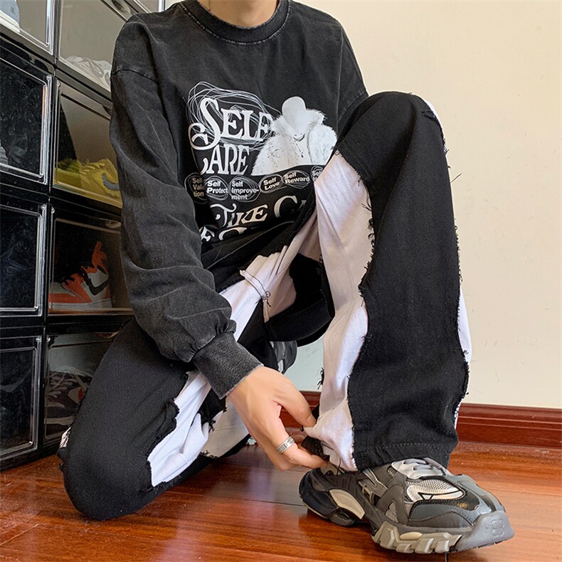 8XL-M特大码美式高街ins小众vibe鸳鸯黑白拼接直筒牛仔裤K929P60，男装休闲裤，电商D206-1