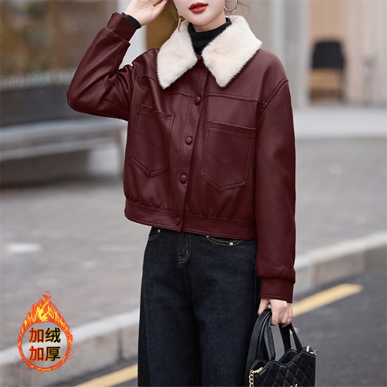 现货海宁f仿真皮皮衣女加绒加厚短款2024冬季新款女士宽松皮外套,女装皮衣,美拉德工厂直营店
