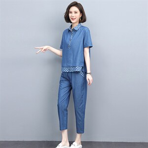 休闲妈妈洋气套装2022夏新款大码牛仔上衣裤子两件套图片