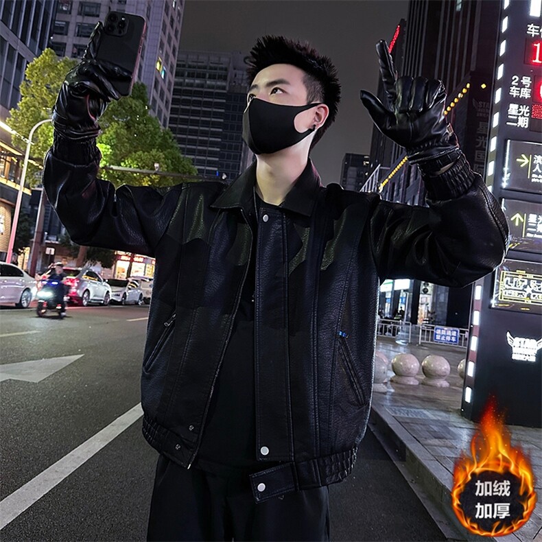 高级感加绒加厚皮衣男短款潮流宽松翻领外套P810-P148加绒P158,男装皮衣,电商A368