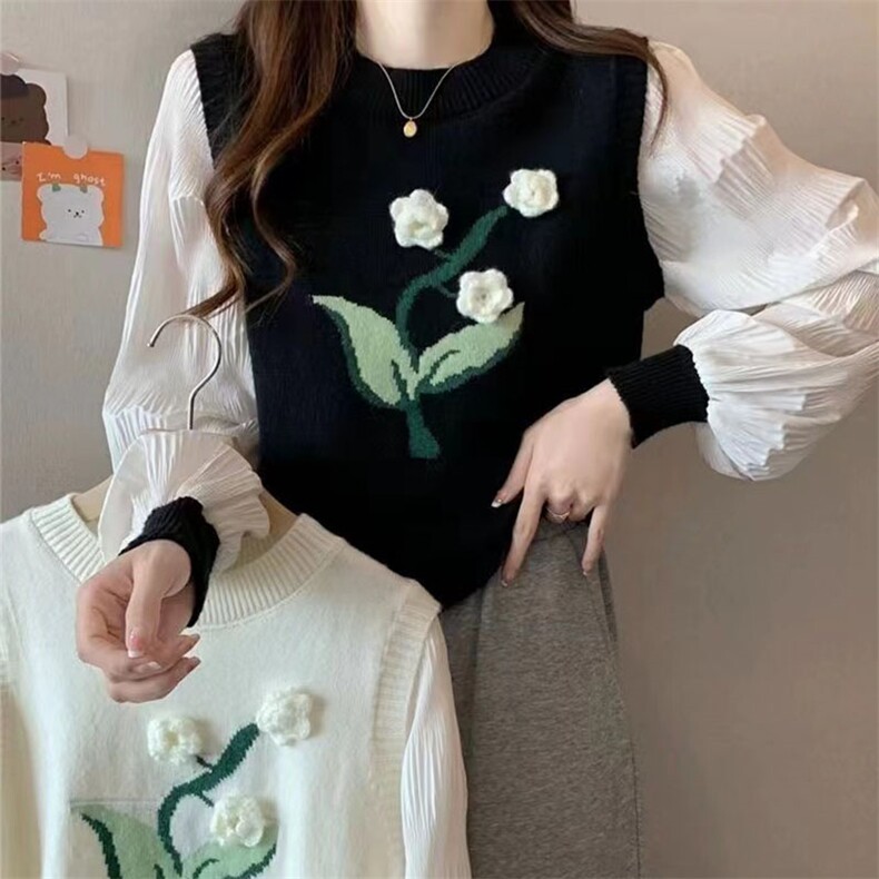 黑色刺绣背心针织马甲叠穿衬衫韩系女秋季新款毛衣上衣坎肩,女装马甲,萱芳婷羊绒