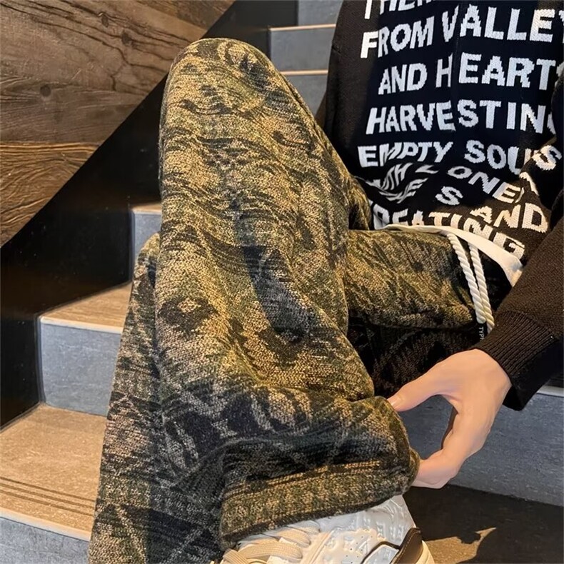 潮复古提花针织休闲卫裤2024秋民族风宽松显瘦拖地阔腿裤C3101，男装休闲裤，星座506