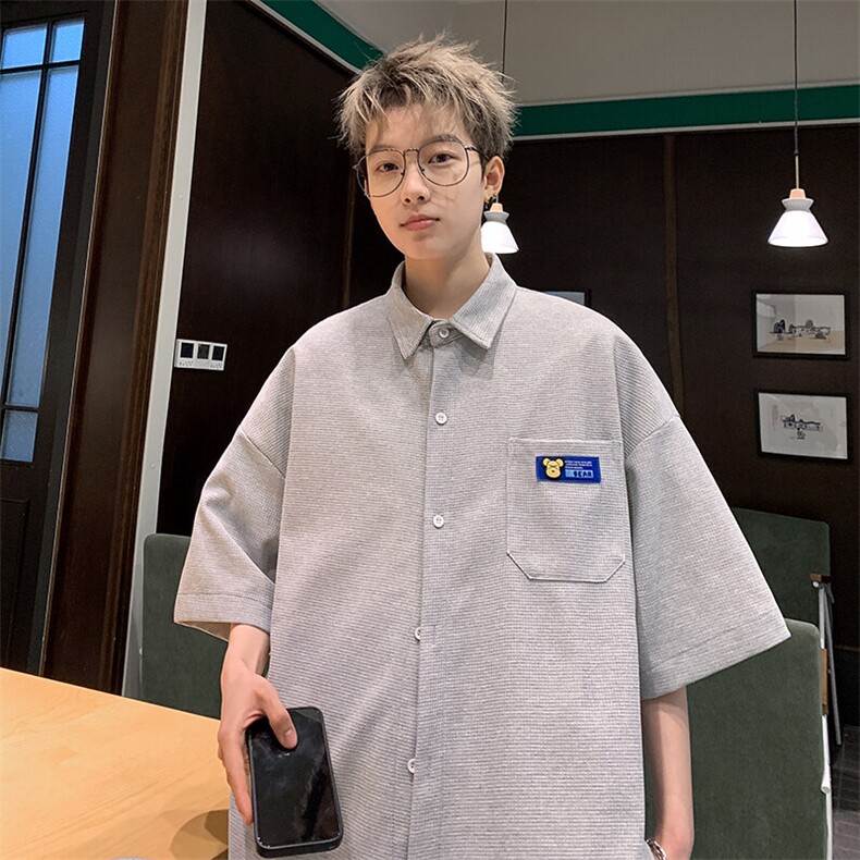 2026夏潮牌男华夫格高克重格子短袖五分袖衬衫 CS880/特P25 浅灰5图片
