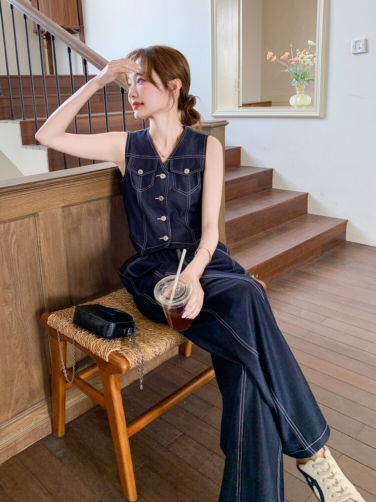 深蓝色牛仔马甲时尚套装女2026夏季新款韩版宽松休闲阔腿裤两件套,女装套装/套裙,印象茜