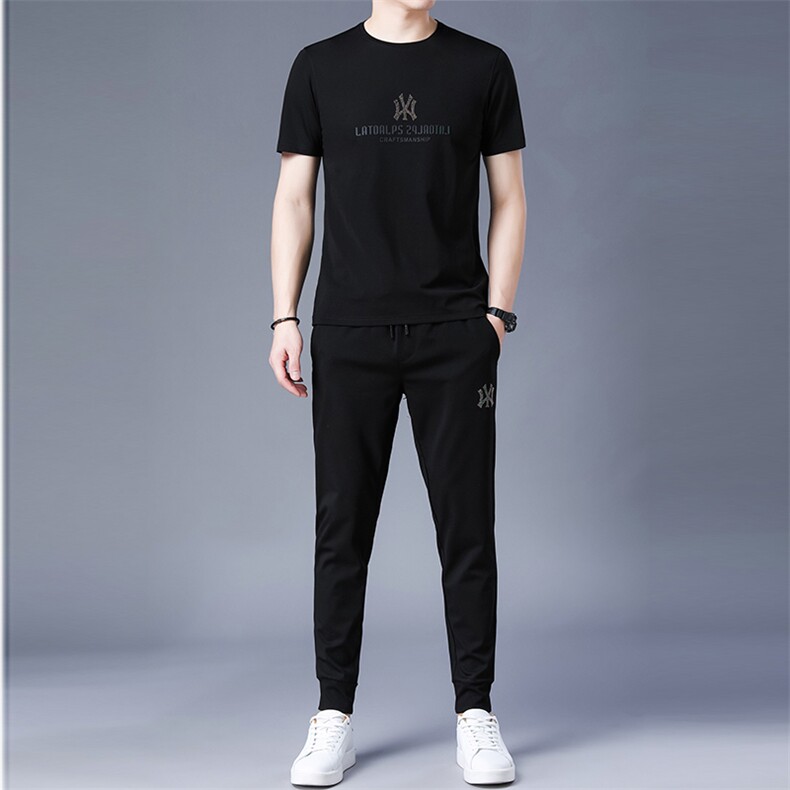 男士夏季薄款潮牌翻领冰丝短袖T恤衫运动休闲长裤套装搭配两件套，男装休闲套装，电商B212（原钱塘6029）
