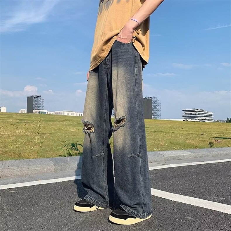 高街复古做旧破洞牛仔裤男女百搭设计感阔腿拖地直筒裤子~N6330,男装牛仔裤,星座601-2