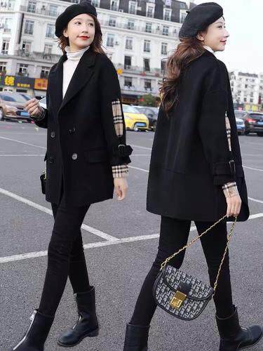 SL007时尚潮流袖子拼接格子双排扣百分百羊毛西装外套，女装西装，L·H·X