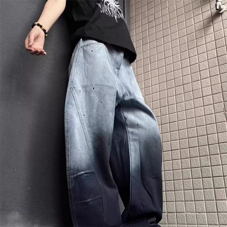 潮牌高街拼接弯刀阔腿牛仔裤男女2025秋时尚宽松显瘦高腰拖地裤,女装休闲裤,星座506A