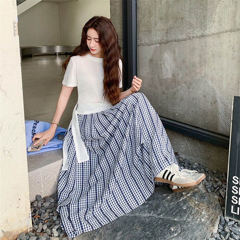 韩系格子半身裙套装女2025夏新款设计感不规则T恤短袖上衣两件套,女装套装/套裙,2C169