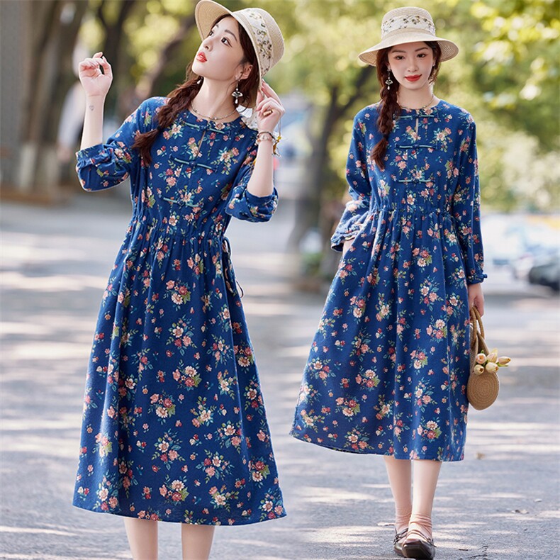 中式碎花连衣裙女装纯棉长袖2025年秋季新款高端大码显瘦棉麻裙子,商品下架区,水衣源