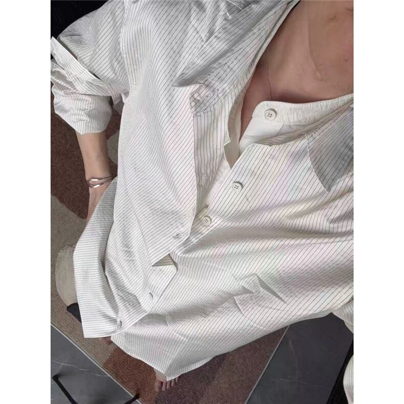 秋季休闲慵懒风假两件衬衫拼接拼接条纹衬衣QTK62图片