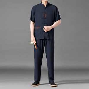 夏季冰丝短袖t恤2023夏装新款休闲风套装唐装宽松一套男装图片