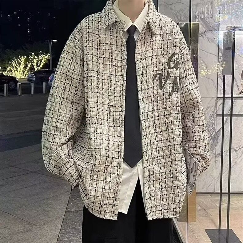 韩版小香风外套男ins衬衫领拼接夹克高级感休闲假两件上衣潮AC03,男装衬衫,星座516A