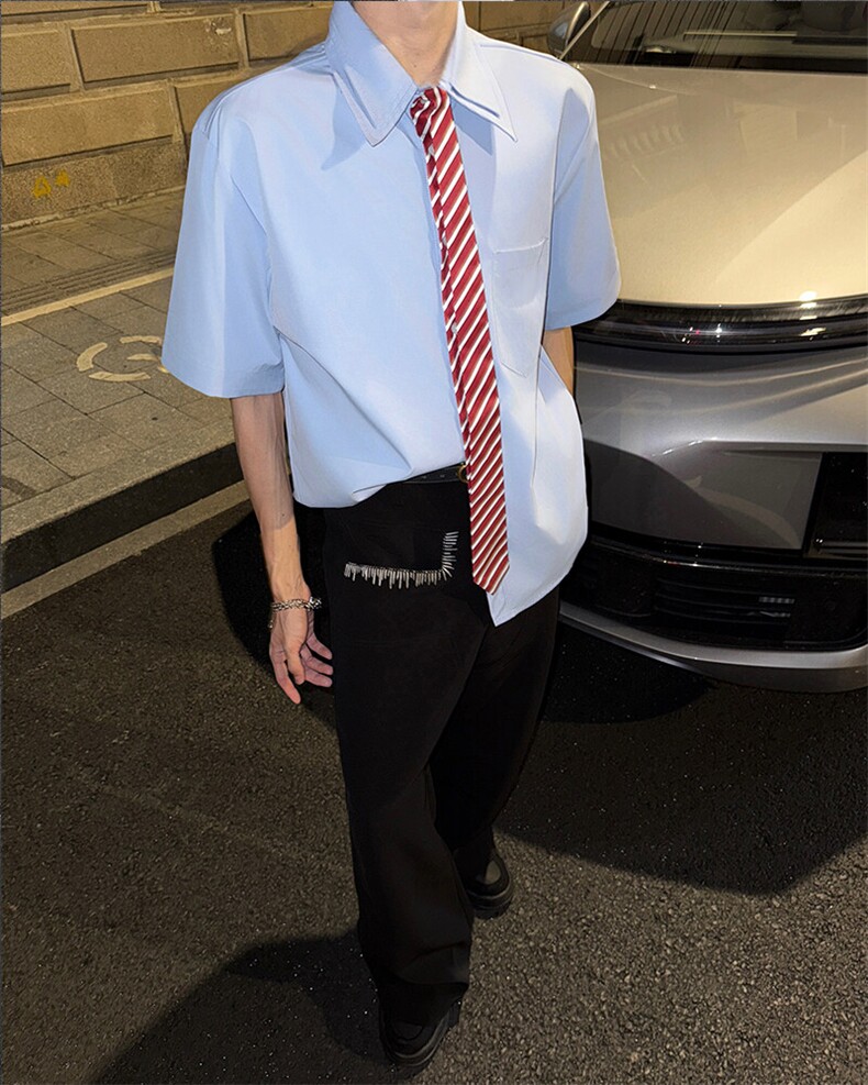 现货25领带制服感男士撞色JK制服短袖衬衫dx257-p68,男装衬衫,电商B288
