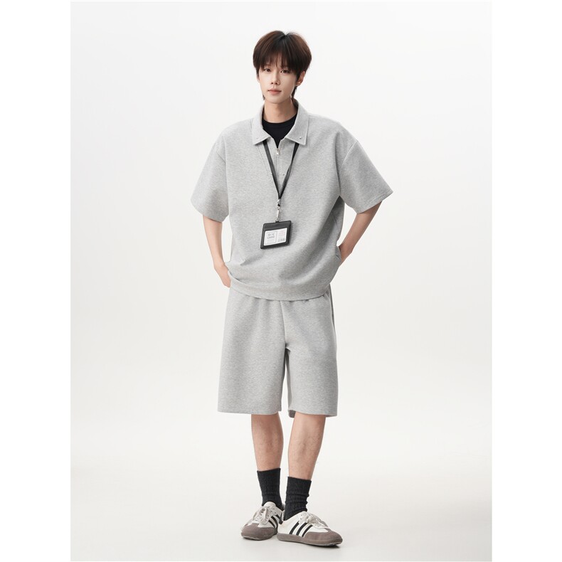 半拉链polo短袖抽绳短裤套装oversize宽松少年感套装T926P55控88,男装牛仔裤,电商A102B