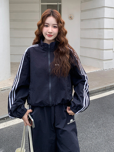 黑色韩系条纹休闲外套上衣抽绳阔腿裤两件套女秋季新款运动风套装图片