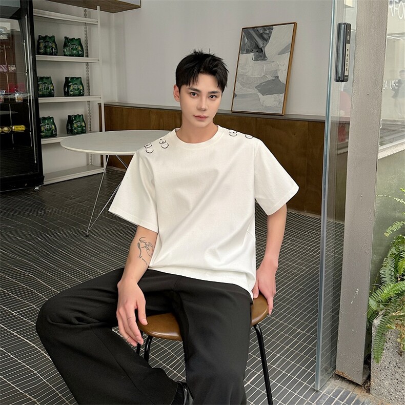 夏季小众金属半环设计感短袖T恤男宽松休闲简约痞帅半袖男600-P80,男装T恤,电商A345