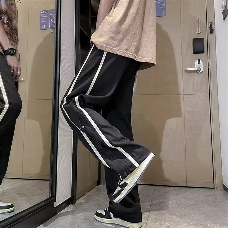 侧边条纹高级设计感开叉直筒裤欧美hiphop裤子高街ins潮男运动裤,男装休闲裤,四季星座218-1