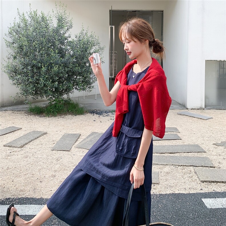 牛仔收腰无袖背心连衣裙女夏韩系显瘦气质长裙穿搭针织衫图片