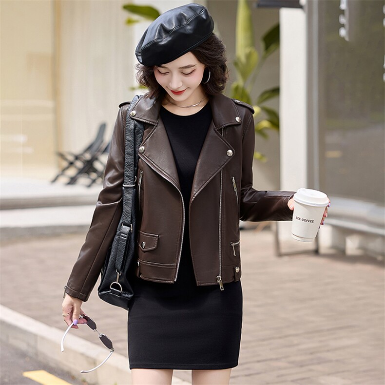 现货韩版修身皮衣外套女短款2024年秋新款仿真绵羊皮女士皮夹克，女装皮衣，跑量工厂店