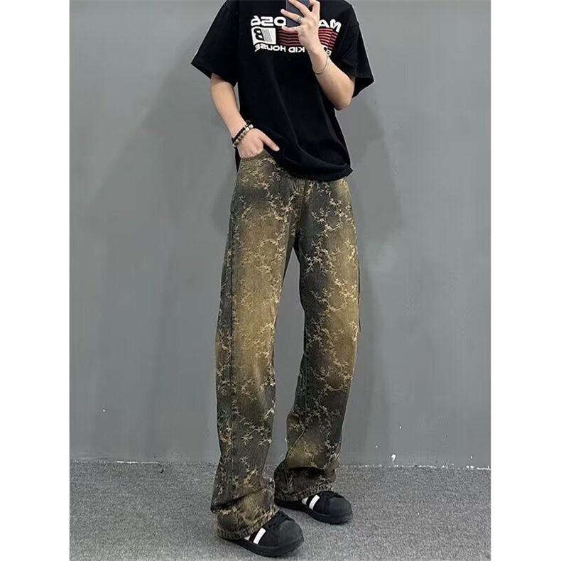 复古蓝提花牛仔裤男美式高街vibe裤子秋冬cleanfit修,男装牛仔裤,星座218-1（原230）