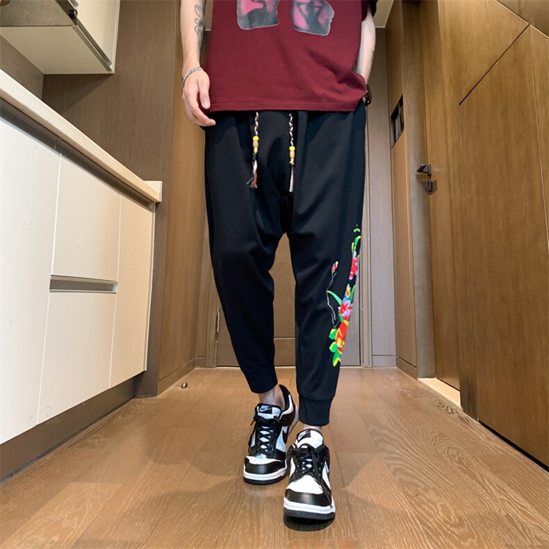 嘻哈九分裤男女胖子大裆裤宽松低裆垮裤吊裆哈伦裤2435绿叶-P30,男装休闲裤,星座207