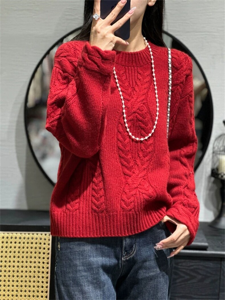 重磅加厚宽松慵懒100%纯羊毛衫女圆领绞花针织毛衣羊绒衫打底上衣,女装羊毛衫,狄美羊绒