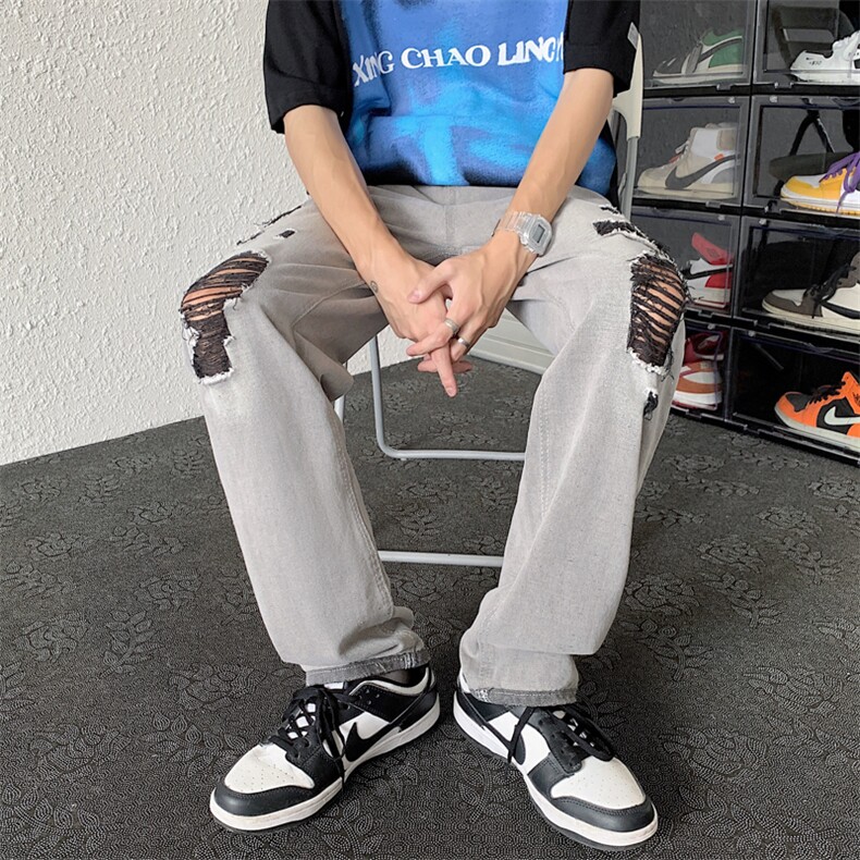 美潮浅灰夏季薄款宽松休闲直筒牛仔长裤男N0860-P48送链子,男装牛仔裤,星座308B-1