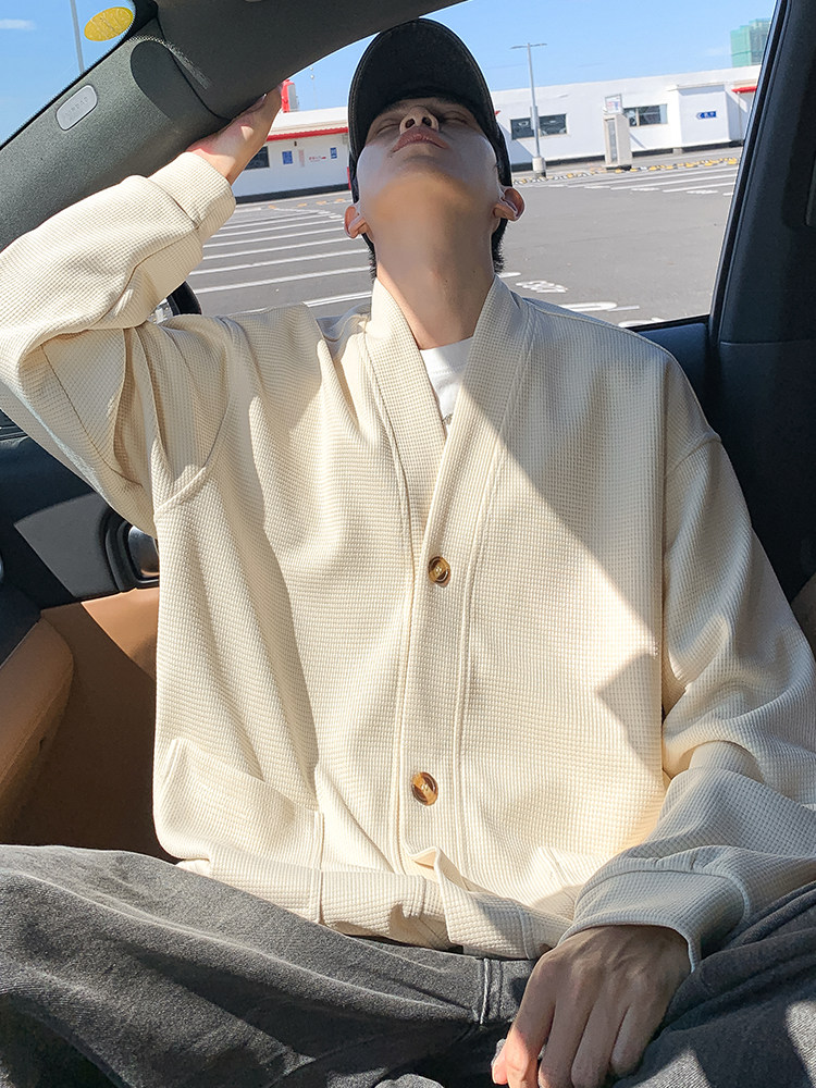 H220华夫格卫衣秋冬新款扣子开衫V领外套大码宽松潮牌上衣服,女装短外套,星座304A-1