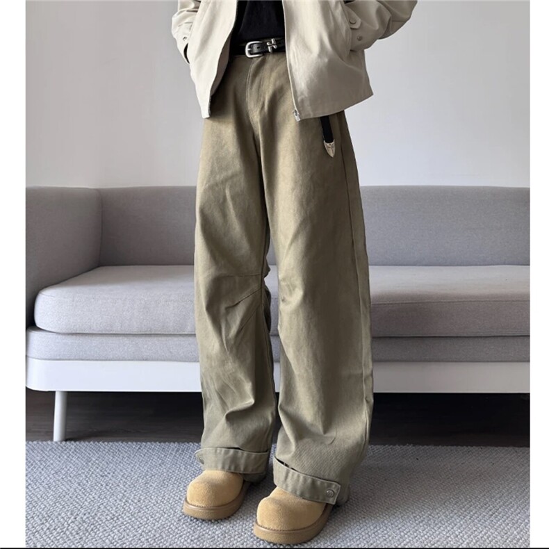 cleanfit复古工装裤子男秋冬设计感弯刀牛仔裤美式阔腿休闲直筒裤，男装休闲裤，电商C313