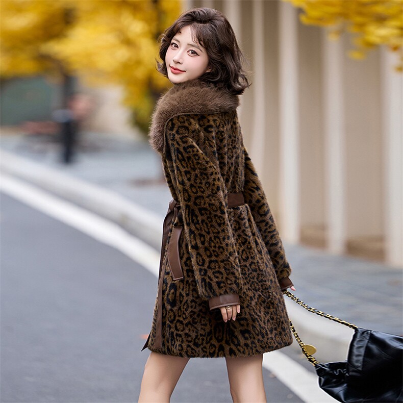 冬季气质女神美拉德豹纹进口金貂仿貂拼皮中长款高档仿皮草大衣潮,女装皮草,江南女神