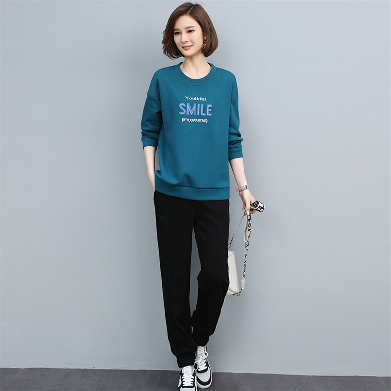 2022春季新款简约时尚气质圆领个性字母图案宽松休闲两件套,女装套装/套裙,丽影随形
