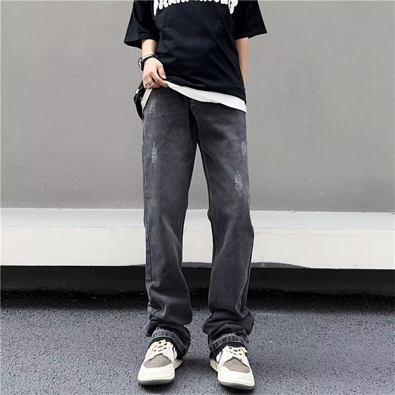 做旧直筒牛仔裤男夏季痞帅美式复古男生阔腿休闲裤子N01644-P43,男装牛仔裤,星座308B-1