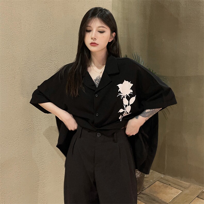 高品质暗黑系复古玫瑰印花短袖衬衫半袖衬衣男女夏7806-P46,男装衬衫,星座910-1