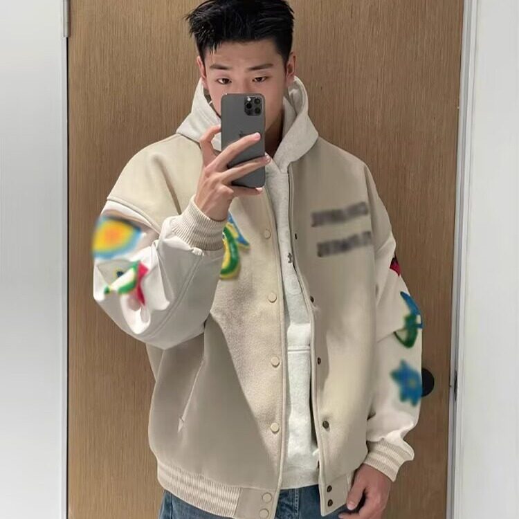 美式复古毛巾绣拼色棒球服男女款秋季潮牌宽松情侣百搭夹克外套,男装夹克,星座715-4