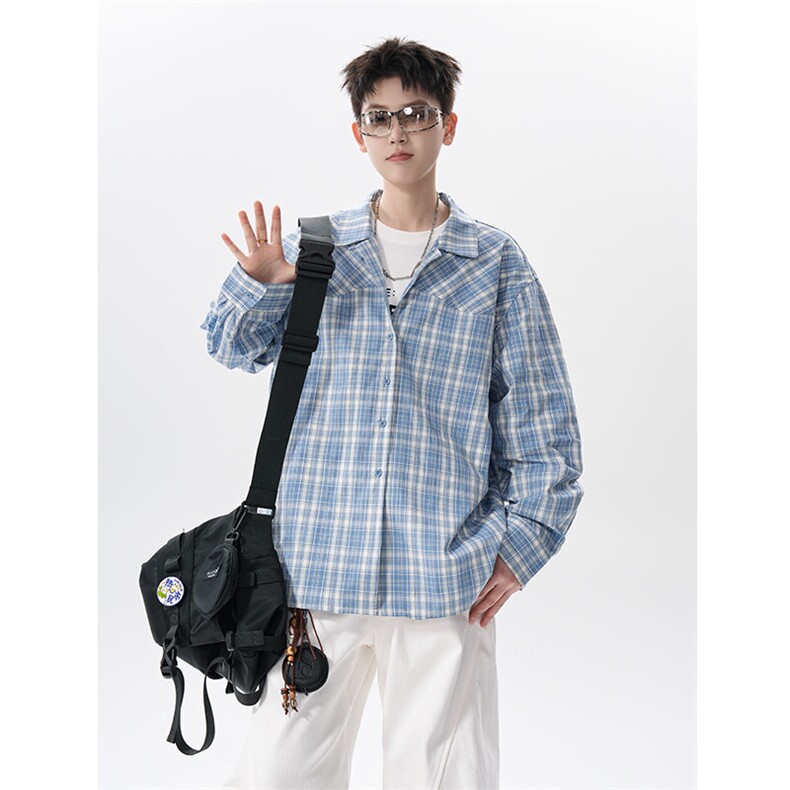 格纹衬衫古巴领口长袖衬衫男cp155-特p50,男装衬衫,电商B371