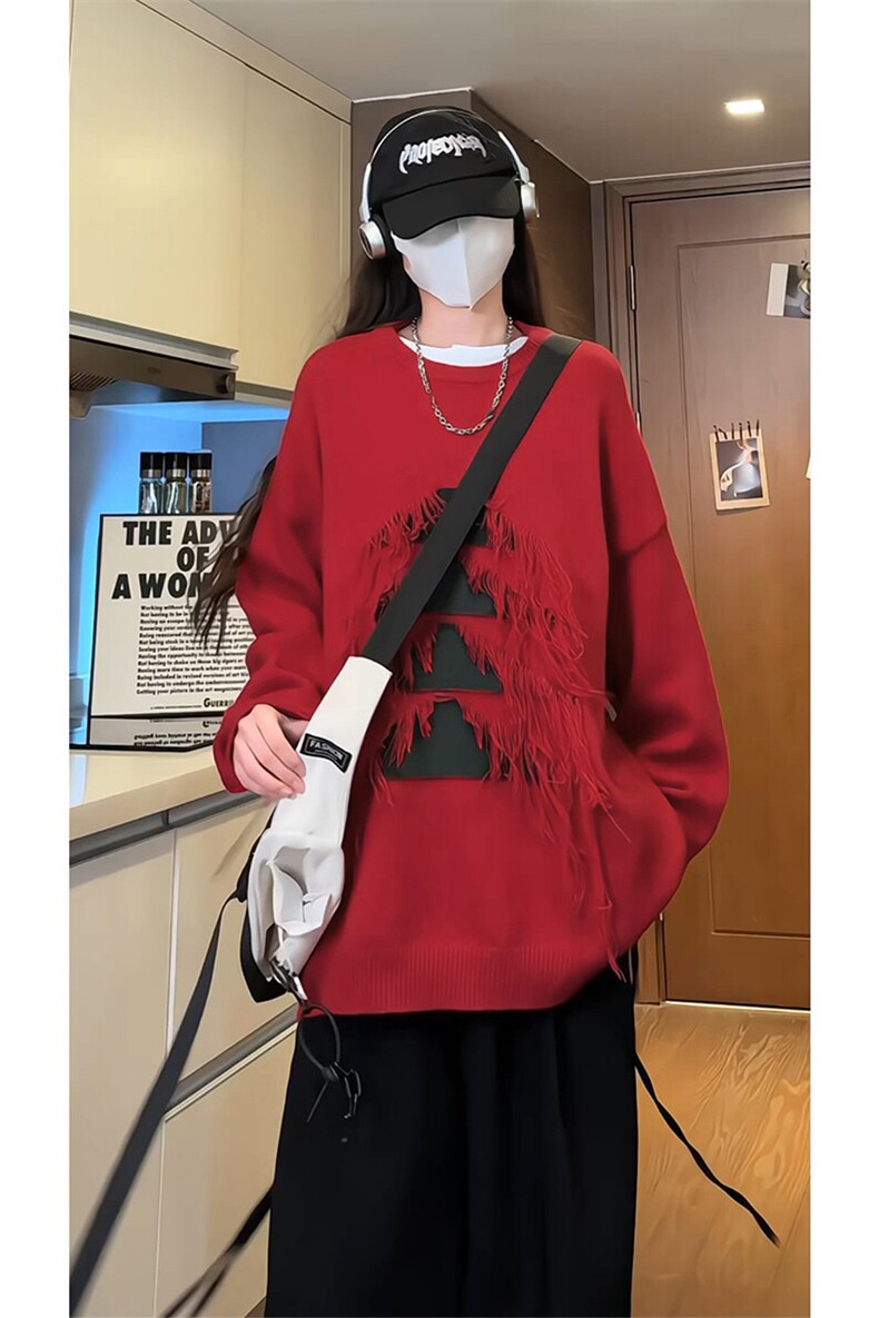 红色圣诞毛衣男秋冬加厚美式复古设计感潮牌流苏针织衫慵懒风外套,男装针织衫/毛衣,电商A102B