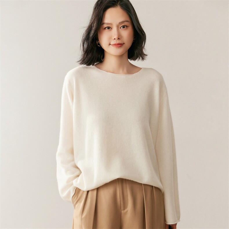秋季新款卷边圆领加宽袖纯色针织衫时尚休闲，女装针织衫/毛衣，鸥蕊娅羊绒