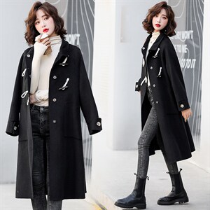 现货2021年冬季时尚修身显瘦小个子个性牛角扣手工缝制双面呢大衣,女装毛呢外套,菡迪欧娜