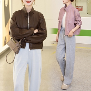 欧货立领皮衣外套女2025春秋新款小个子休闲宽松百搭机车夹克上衣图片